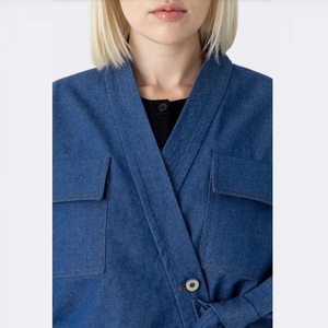 Abrigo de manga larga de mezclilla azul para mujer, chaqueta holgada a cuadros, decoraciones de bolsillo, estilo informal de otoño, transpirable, ligero, estilo de cintura media - Product Image 6