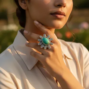 Anillo Vintage en Forma de Estrella de Plata de Ley 925 con Turquesa, Engaste de Bisel, Plata Antigua, Joyería Unisex - Product Image 2