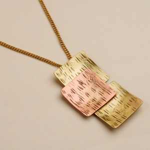 Modern Geometric Mixed Metal Pendant Necklace With Hammered Copper And Brass Squares Layered Design Contemporary Fashion - Product Image 3