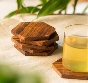 Posavasos Redondos de Madera de Sheesham Hechos a Mano, Ecológicos y Contemporáneos, Juego de 6, Absorbentes para Bebidas, Artesanía Saniya - Product Image 2
