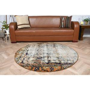 Alfombra vintage de 4.2x4.2 pies, alfombra azul con lunares de lana - Product Image 3