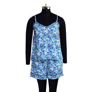 Haute qualité élégant femmes bleu imprimé printemps été tissé tricoté ensemble de vêtements de nuit XL Spaghetti sangle Camisole taille élastique - Product Image 2