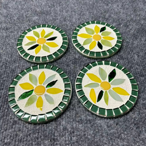 Flower Pattern Round <b>Glass</b> Mosaic <b>Coaster</b> Cement Base Drink Cup Mat Table Protection Dining Kitchenware Restaurant Barwares Pads - Product Image 1