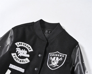 Veste bomber varsity premium pour hommes, veste pour hommes, manches en cuir noir, corps en laine, boutons pression, streetwear, vêtements d'hiver, mode - Product Image 2