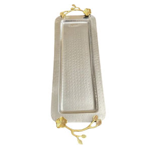 Plateau de service rectangulaire en acier inoxydable martelé de luxe avec poignées en feuille d'or, plateau décoratif en métal pour la maison et l'hôtel - Product Image 5
