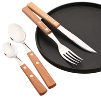 Peralatan Makan Stainless Steel Gagang Kayu Flatware Gagang Kayu Silverware Poles Cermin Finishing Satin Stainless Steel Elegan untuk Rumah