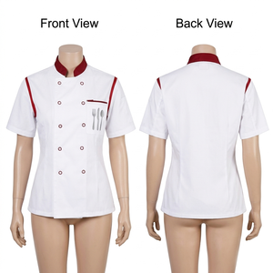 Women Chef Uniform 200 GSM Poly Cotton Twill White Red Contrast Piping Embroidery Print Custom Logo <b>Kitchen</b> Wear Uniform Apparel - Product Image 1