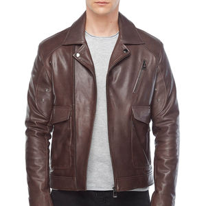 Hight Quality Genuine Leather <b>Coat</b> Brown Men OEM Customized Leather Varsity Jacket Motorcycle <b>Plus</b> <b>Size</b> Leather Jacket for man - Product Image 2