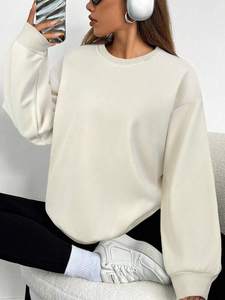 Sweat-shirt à col rond unisexe ivoire surdimensionné Pull en molleton de coton épais à épaules tombantes Logo personnalisé Streetwear décontracté uni - Product Image 4