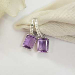 Boucles d'oreilles pendantes en améthyste, argent sterling 925, fermoir à levier, pierre de naissance de février, bijoux élégants, cadeau pour femmes et filles - Product Image 6