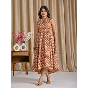 Vestido Asimétrico Estampado de Algodón Butti Rojo Beige, Personalizado, Casual, Elegante, para Oficina, Talla 5XL, Transpirable, Estiloso, para Fiestas Diurnas - Product Image 4
