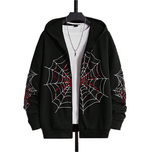 Sudadera con capucha térmica de araña desgastada con apliques parcheados con cremallera lavada ácida de Terry francés Premium de algodón unisex nueva moda al por mayor - Product Image 4