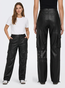 100 pantalons en similicuir de haute qualité, taille haute, marron, vintage, coupe droite, avec ourlet à cordon, pantalons décontractés, streetwear - Product Image 4
