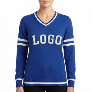 Women's Blue <b>V</b>-<b>Neck</b> Knitted <b>Sweater</b> Pullover with <b>White</b> Letter Logo and Stripes Full Sleeve Preppy Style 100% Acrylic - Product Image 5