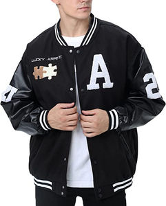 Chenille Embroidered Varsity Jacket <b>Stand</b> Collar Stylish Retro High Street Letterman Front Side Pockets Customizable - Product Image 6