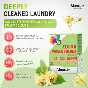 Poudre à lessiver AlmaWin Couleur Vive Fleur de Tilleul 2Kg - 42 Lavages Détergent en Poudre Végétalien Bio pour Bébé - Product Image 2