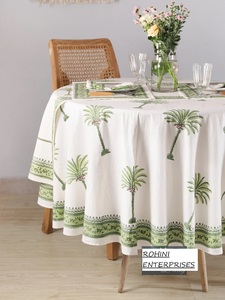 ผ้าปูโต๊ะผ้าฝ้ายอินเดีย100% ลายดอกไม้สีเขียวปาล์มทำด้วยมือปรับขนาดได้เองสำหรับงานแต่งงานบ้านโรงแรมตกแต่งปก PE ลายทรงกลม - Product Image 2