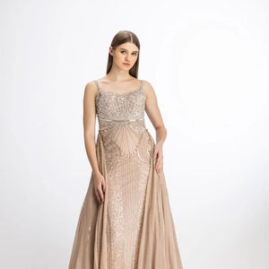 Venta caliente satén vestido de noche para primavera otoño cuello de longitud completa vestido sin mangas bordado rebordear perla antiestático - Product Image 1