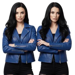 Veste de moto en cuir bleu avec logo personnalisé, vente en gros, marque privée, style motard authentique, manteau pour femmes, fabrication en usine - Product Image 1