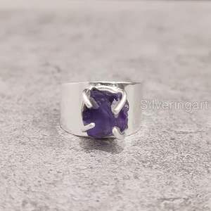 Bague pour femme en argent sterling 925, pierre précieuse améthyste naturelle, pierre de naissance de février, large bande, bijoux faits à la main pour Noël - Product Image 4