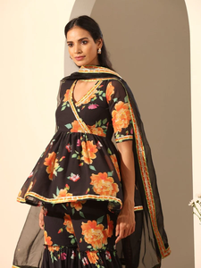 ชุดกูลนารังกี ชารารา ผ้าจอร์เจียต์พิมพ์ลายสีดำ ผ้าฝ้าย ชุดลำลอง แขนครึ่งตัว สไตล์ลำลอง ลายฉลุธรรมชาติ - Product Image 5