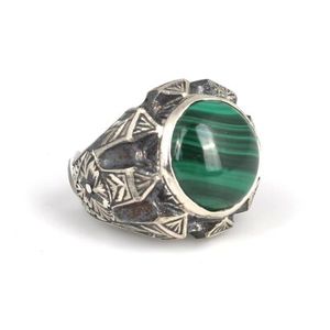 Bague pour homme en argent sterling 925 avec pierre de malachite ronde, design stylo, plaqué or 14 carats, rhodié, bijoux à porter au quotidien - Product Image 3