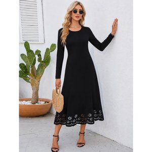Robe midi en crêpe importé à manches longues, col rond, détails découpés au laser, motif floral, pour femmes, 37485 - Noir - Product Image 1