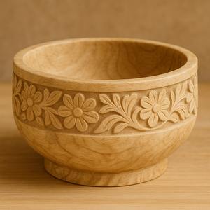 Bol en bois sculpté naturel avec gravure de motif de feuille dans une finition lisse et légère, idéal pour servir des fruits secs, décoration intérieure, cadeau élégant - Product Image 3