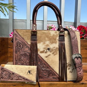 ใหม่จริงมือTooledดอกไม้พิมพ์Cowhideขนสัตว์หนังToteกระเป๋าใหม่สไตล์ตะวันตกTooledขนสัตว์หนังคลัทช์Comboชุด - Product Image 1