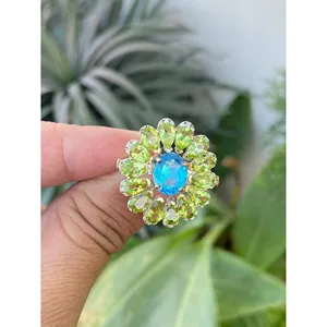 925 Silver Blue Topaz Peridot <b>Cocktail</b> <b>Ring</b> Vintage Romantic Style <b>Gold</b> Plated Inlay Lover's Shape Free Gemstone for Parties - Product Image 1
