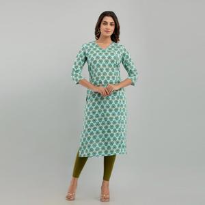 Women's Cotton Straight Kurta with Sea Green Floral Print (SHKUP1220) - Product Image 3