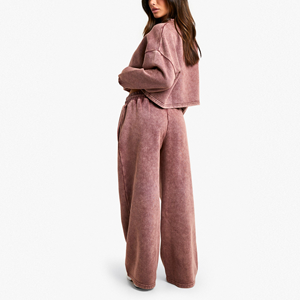 Conjunto de chándal sólido de invierno Regular Rosa lavado para mujer Conjunto de Jogger de 2 piezas Sudadera pulóver y pantalones de chándal de pierna ancha - Product Image 2