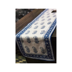 Luxury Royal Blue Traditional Printed Border GOTS Certified 100% Cotton Embroidered Decorative 90 Inch 350g Event <b>Table</b> Runners - Product Image 1