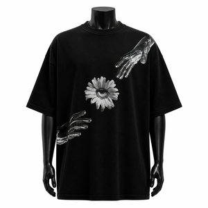 T-shirt noir surdimensionné personnalisé, motif abstrait œil-fleur, streetwear, coton, tee-shirt homme, impression artistique minimaliste, haute qualité - Product Image 1