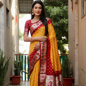 Dola sarees ผ้าไหมที่ทำด้วยมือทั้งหมด-ธรรมชาติ bandhej สองด้าน Jari paithani ทอชายแดนที่อุดมไปด้วยเชื้อชาติ pallu - Product Image 1