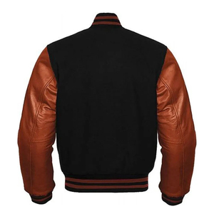 Custom Patchwork <b>Real</b> <b>Leather</b> Sleeves Embroidery Stand Collar Front Logo Canvas Fabric High-quality Varsity <b>Jacket</b> for Men - Product Image 3