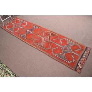 Turkish Rug, 3.2x12.4 ft Vintage Rug, <b>Red</b> Blue Bordered <b>Wool</b> Rug - Product Image 3