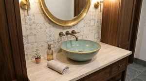 Vasque de salle de bain en céramique artisanale, à un trou, à poser sur comptoir, ronde, finition mate martelée, facile à nettoyer, style rustique - Product Image 2