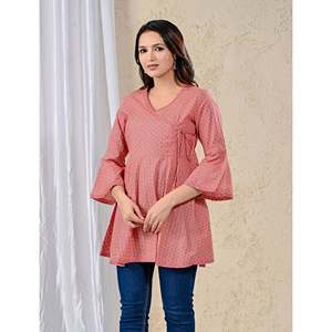 Casual <b>Pink</b> Cotton Printed Angrakha Top Breathable Feature - Product Image 3