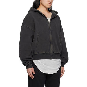 Sportish Impex Custom Heavyweight French Terry Acid Wash <b>Zip</b>-<b>Up</b> <b>Hoodie</b> <b>Men</b> | <b>Black</b> Washed Boxy Cropped Blank <b>Hoodie</b> - Product Image 6
