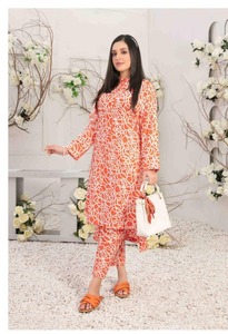 ชุดเดรส salwar kameez สำหรับผู้หญิงทรงตรงผ้าลินินผ้าไหมระบายอากาศพิมพ์ลายสีทึบสไตล์ปากีสถาน - Product Image 3