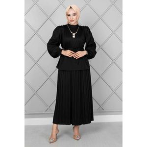 Hombros Botón Detalle Hijab 2 Piezas Conjunto Negro - Product Image 2