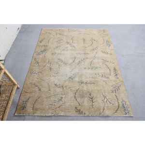 Tapis moderne en laine beige fait à la main 4x5ft Vintage Turkish Patchwork Design Abstrait Latex Rectangulaire pour les grands couloirs et chambres - Product Image 1