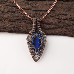 Faceted Blue Sapphire Luxury Pear Cut Gemstone Copper Wire <b>Wrapped</b> Fashion Pendant Necklace Oxidized Silver <b>Bridal</b> Party Wear - Product Image 1