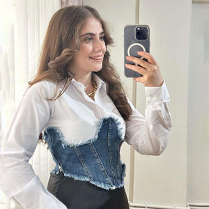 Blusa vaquera de manga larga con estampado informal para mujer Blusa regular de algodón de longitud completa para mujer - Product Image 3