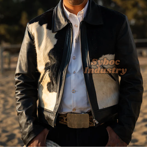 Chaqueta de cuero con pelo de vaca Chaqueta de montar personalizada de cuero de piel auténtica estilo vaquero elegante para hombres - Product Image 2