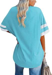 Camiseta de cuello redondo de media manga de gran tamaño para mujer, azul cielo, ajuste holgado, lienzo transpirable, decoración bordada, estilo de estampado informal - Product Image 2