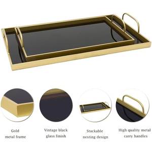 Juego de bandejas rectangulares chapadas en latón de metal decorativo de latón AK con bandeja de servicio de metal de vidrio con asas - Product Image 1