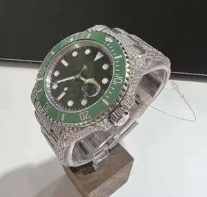 Reloj de Lujo Hip Hop para Hombre, Miyota Analógico, VVS Moissanite, con Diamantes Blancos Incrustados, Cristal Verde, Correa de Acero Inoxidable de 20 mm, Cuarzo - Product Image 3