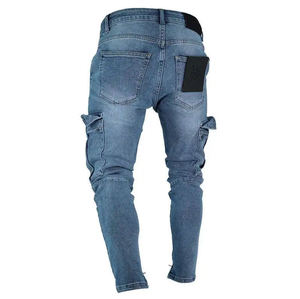 Pantalones vaqueros de hombre bloqueados y cargados de fabricante, pantalones vaqueros de contraste lavados ligeros, pantalones vaqueros de mezclilla destruidos con rayas laterales y ajustados para hombre - Product Image 3